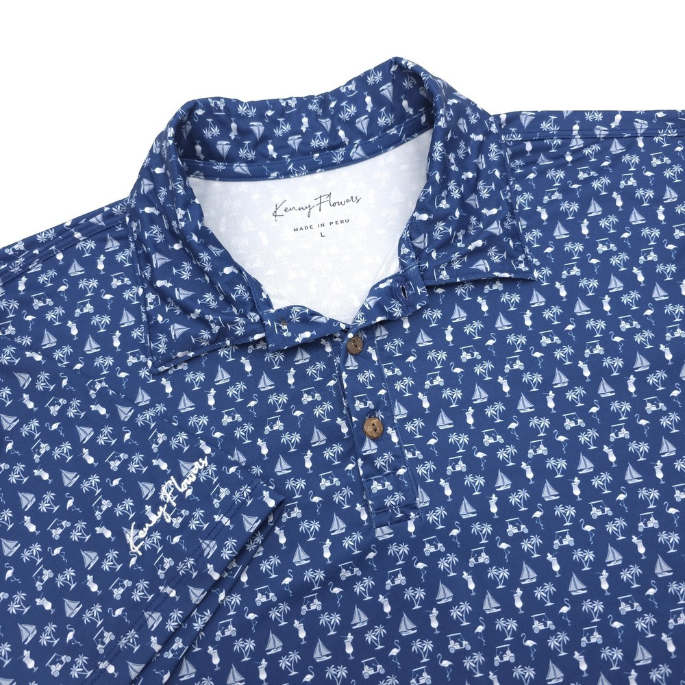 Kenny Flowers Mens L The Afternoon Round Flamingo Cart Drinks AOP Golf Polo